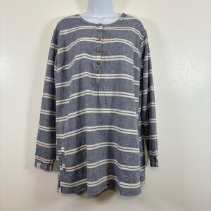 Rustic Ridge Blue Stripe Cotton Linen Tunic Top Long Sleeve 2X